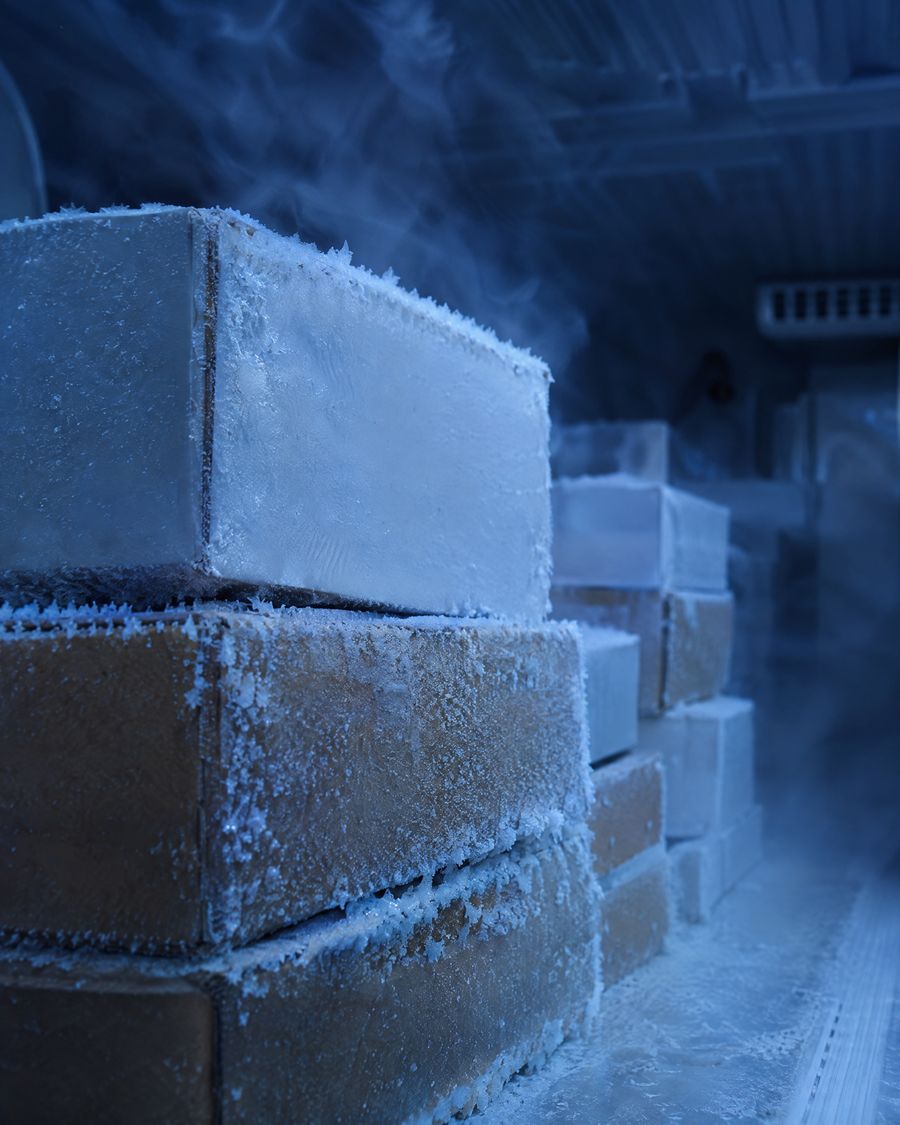 Frozen food cartons covered in frost inside a freezer van