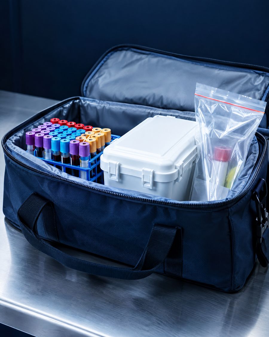 Blood sample tubes and a sealed specimen container in an insulated courier bag