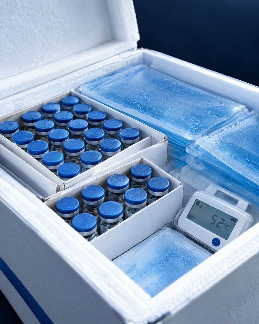 Vials of medicine in an insulated shipping box with a temperature data logger reading 5.2&nbsp;°C