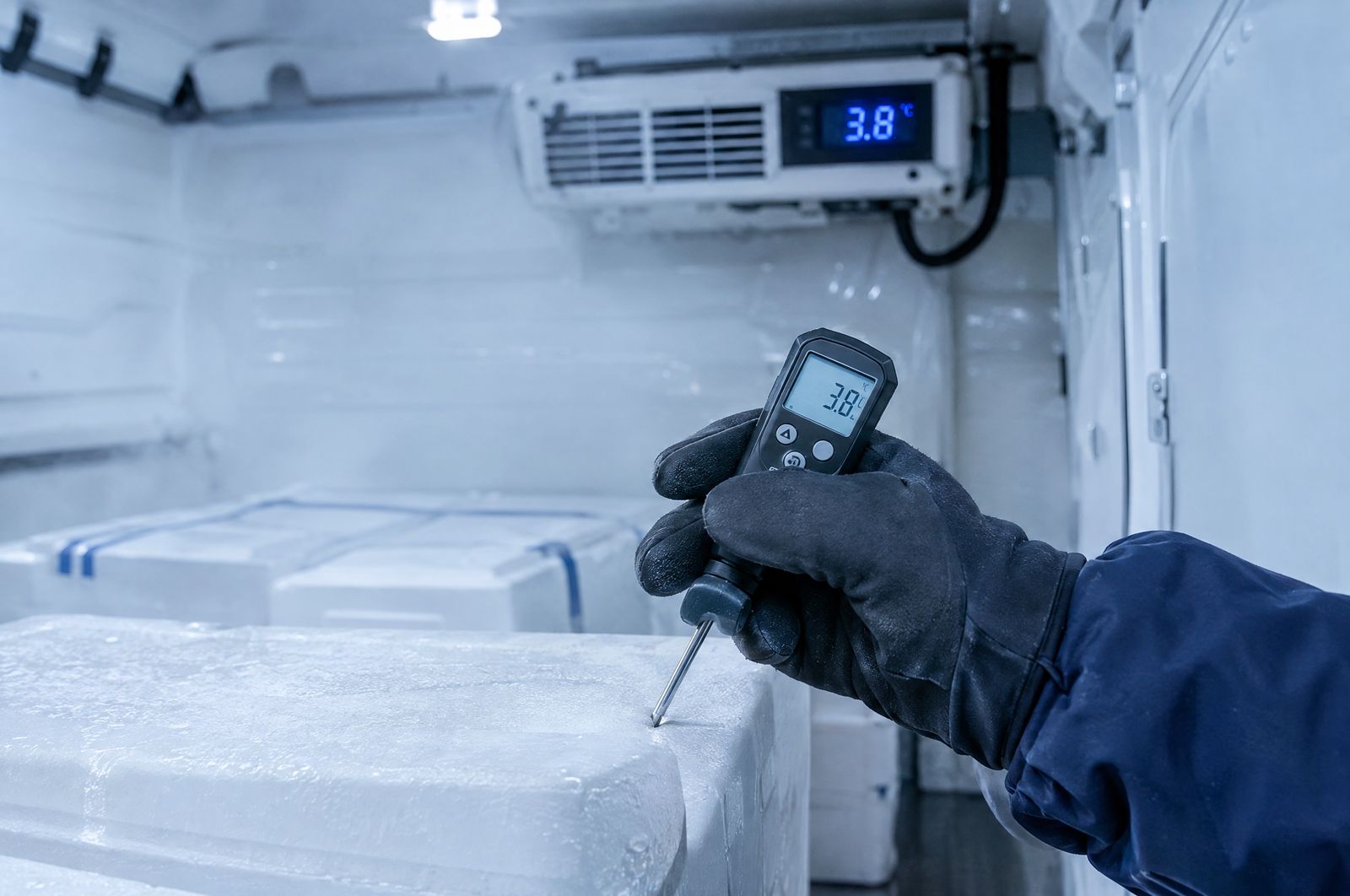 Driver checking a probe thermometer reading 3.8&nbsp;°C inside the refrigerated cargo area