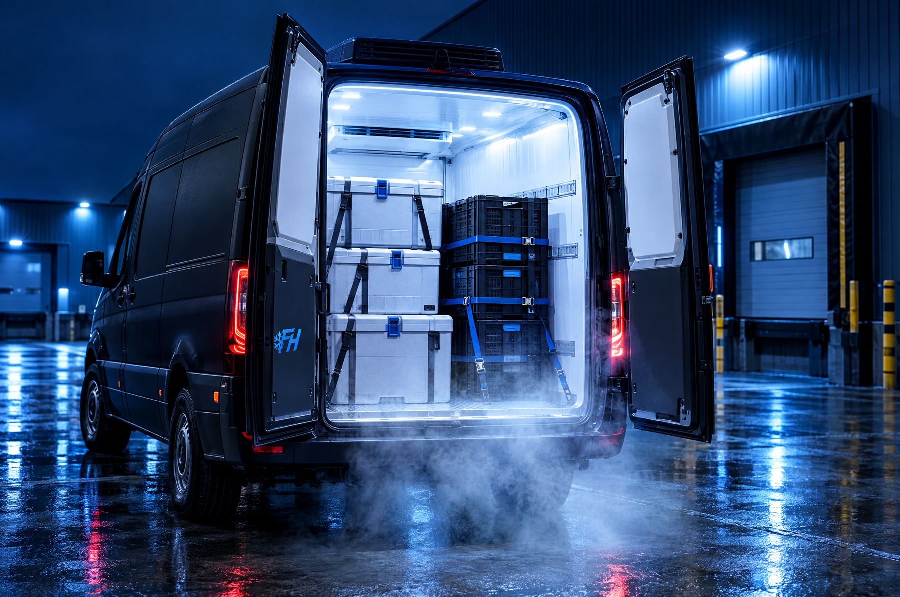 FrostHaul refrigerated van with rear doors open, insulated boxes strapped inside