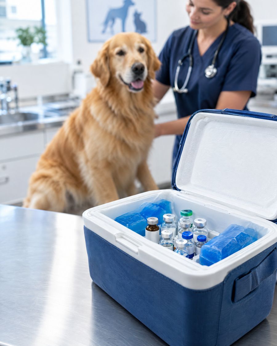 Veterinary vaccines in an insulated cool box at a vet clinic